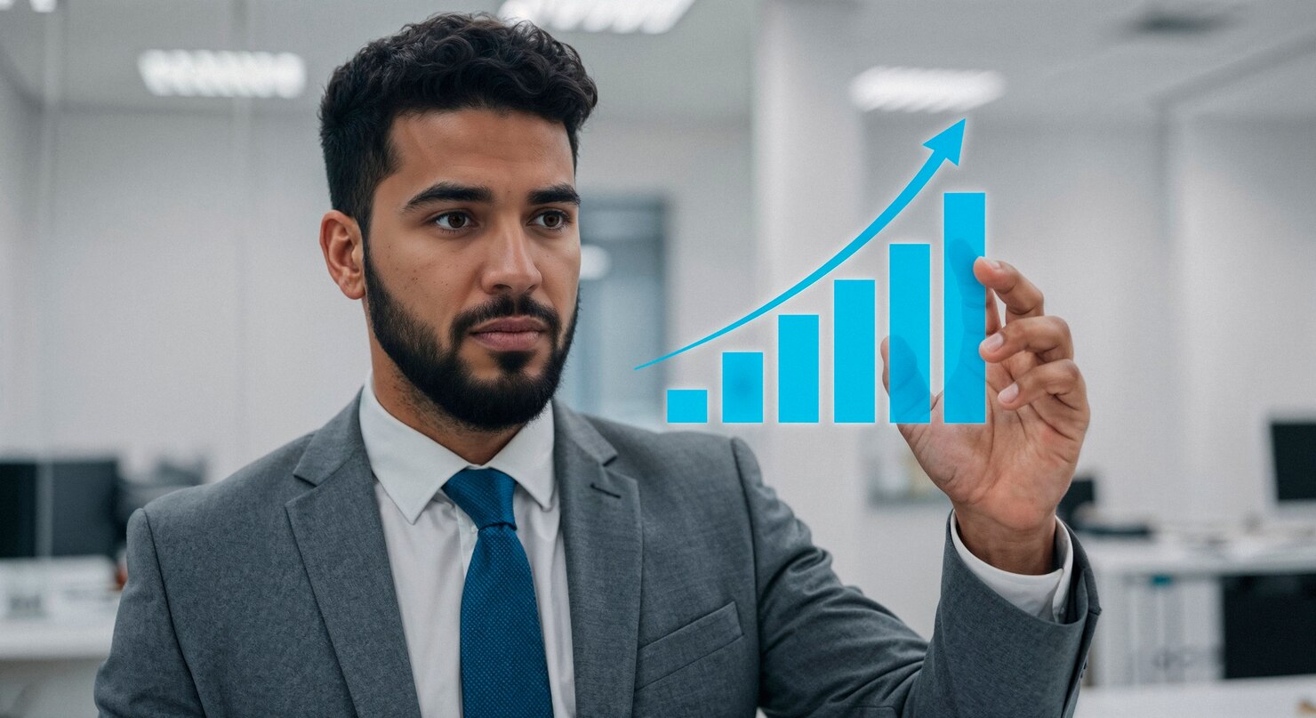 Businessman presenting corporate growth and credit progress chart